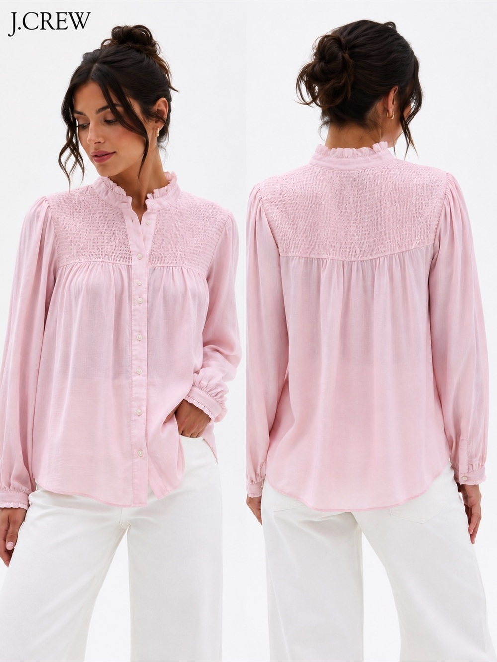 J.Crew NWT Pink Smocked Ruffle Neck Cotton Blouse XS Long Sleeve Boho Top